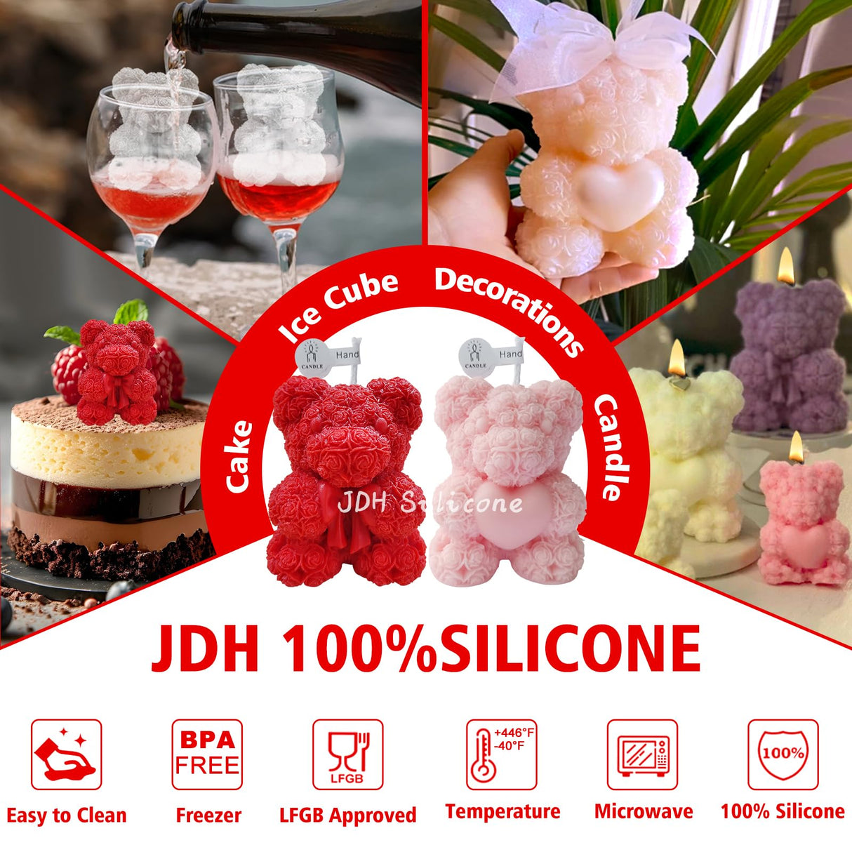 2PCS Rose Bear Silicone Mold,3D Teddy Bear Candle Making Molds,Silicone Epoxy Resin Mould,Ornament for DIY Wax Candle Art Craft Cake Chocolate Home Decor Valentine Gifts Birthday Gift(MINI) JDH Silicone