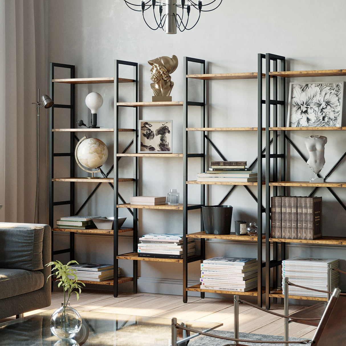 IRONCK Bookcases and Bookshelves Triple Wide 5 Tiers Industrial Bookshelf, Large Etagere Bookshelf Open Display Shelves with Metal Frame for Living Room Bedroom Home Office IRONCK