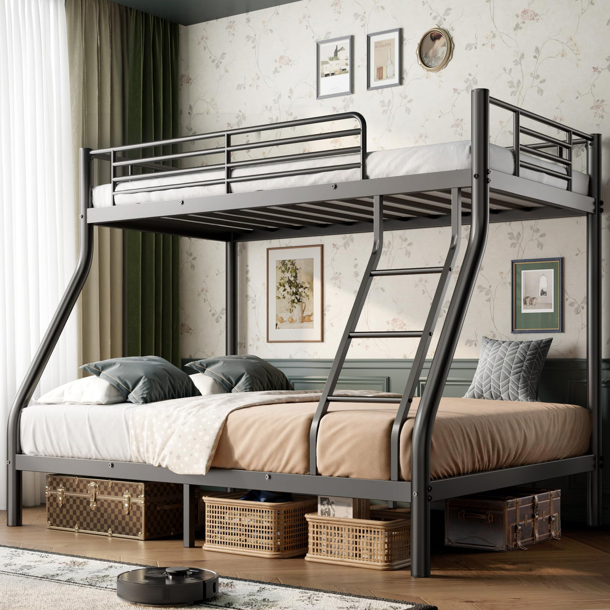 Cyranture Bunk Beds Twin Over Full Size, Heavy Duty Bunk Beds with Bottom Space & Guardrail Metal Bunk Bed Frame for Aldults Dorm Bedroom Guest Room, No Box Spring Needed(Upgrate Black) Cyranture