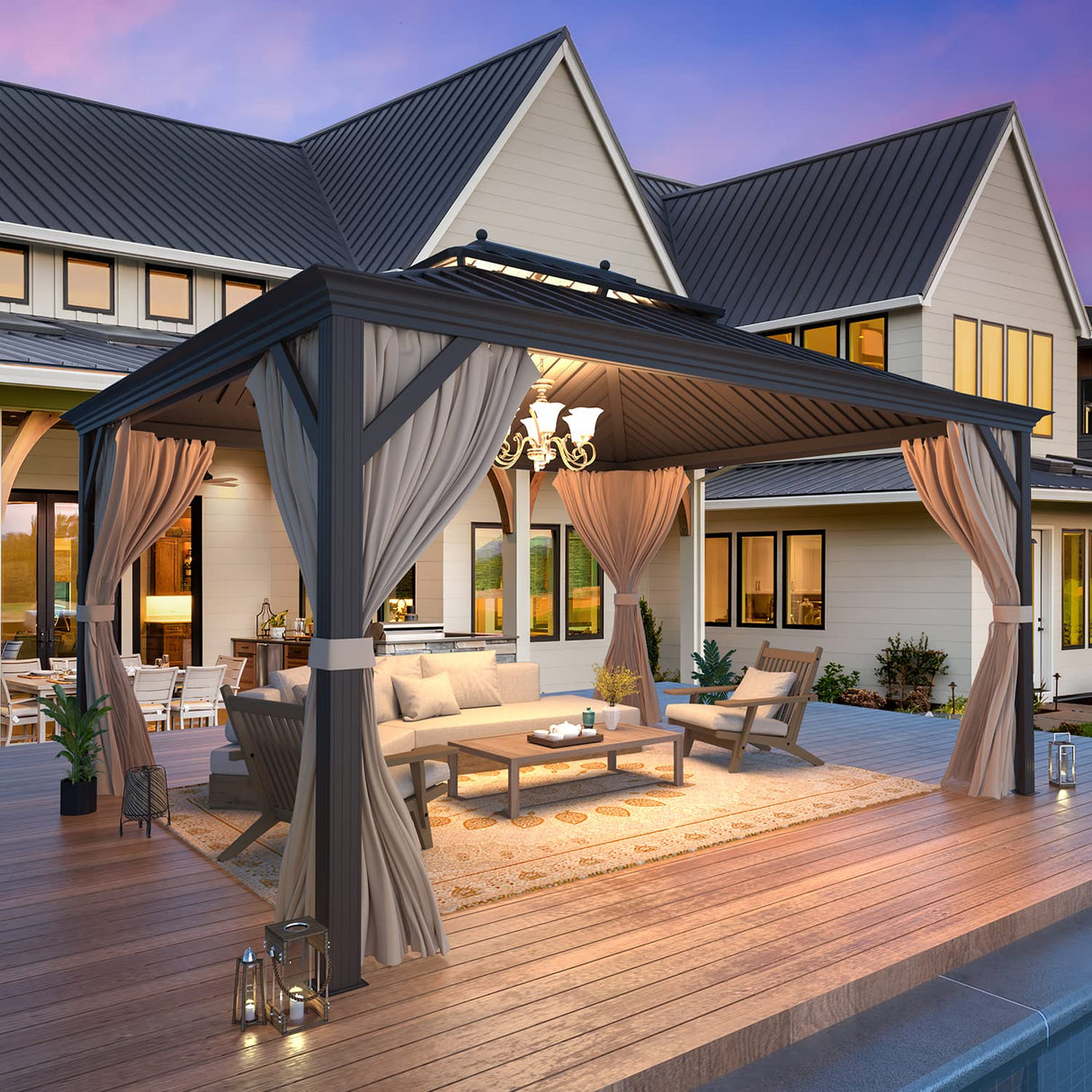 MELLCOM 10' x 12' Hardtop Gazebo, Brown Permanent Pavilion Gazebo with Curtains and Netting, Galvanized Steel Metal Double Roof Aluminum Gazebo with Aluminum Frame for Patio, Lawn & Garden MELLCOM