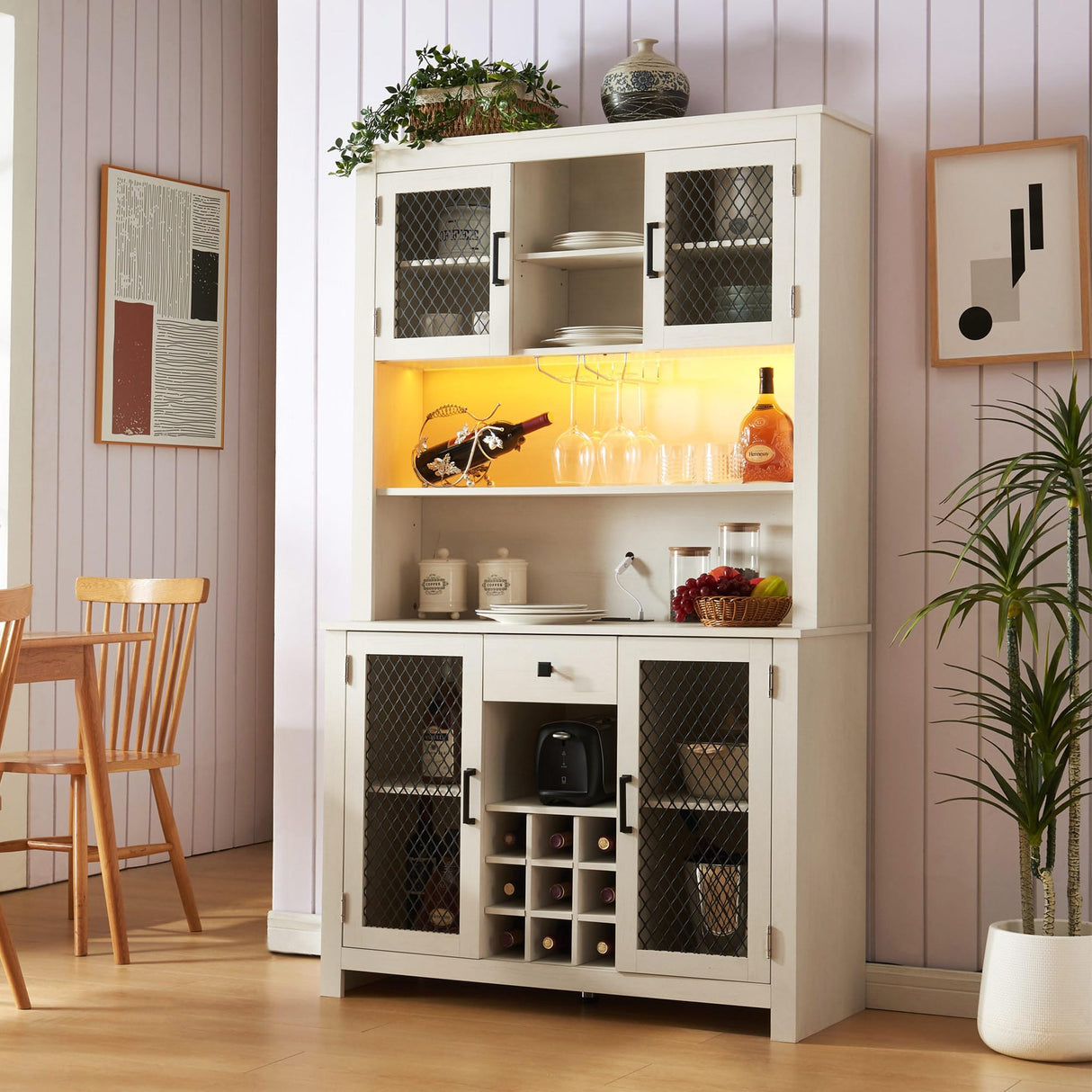 70" Kitchen Pantry Storage Cabinet Rustic Buffet Cabinet, Kitchen Hutch Cabinet with LED Outlets,Food Pantry Cabinet with Doors and Shelves,For Dining Room Living Room (Antique White@Shelves) Brabrety