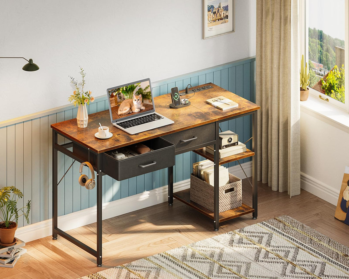 Coleshome Laptop Desk, 40 Inch Small Desk with Drawers & Power Outlet for Bedroom, Computer Desk Home Office Desk with Storage Shelves, Reversible Study Table for Small Spaces, Rustic Brown Coleshome