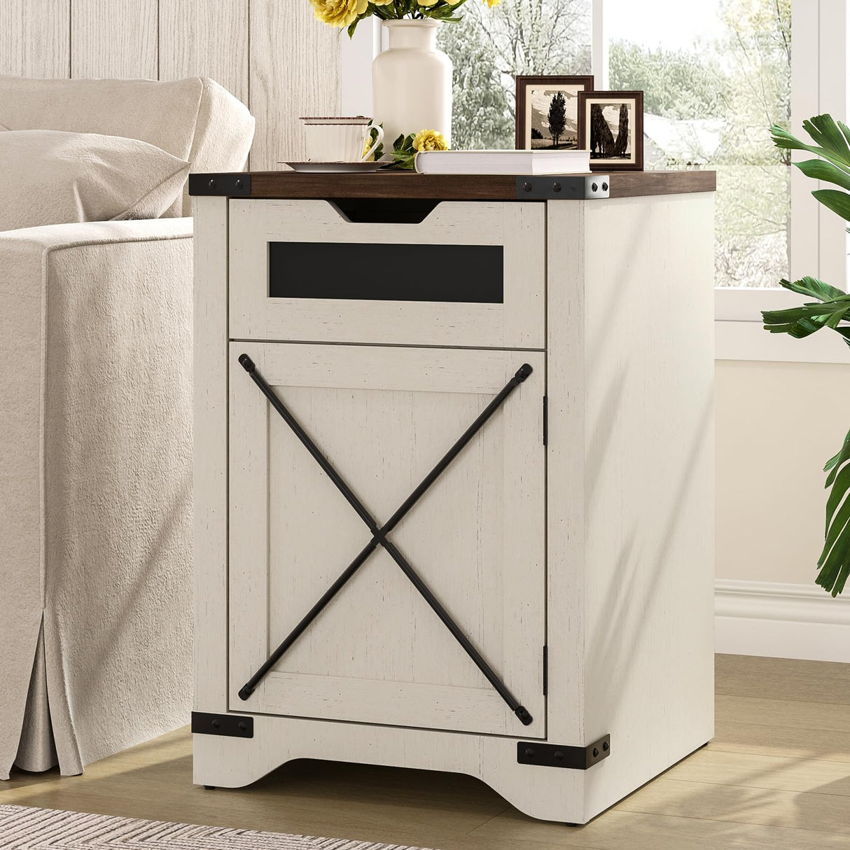 Farmhouse End Table with Charging Station, 26.4" H Side Table with Drawer and X Barn Door, Antique White Country Nightstand Bedside Table, Mid Century Modern Sofa Side Table for Living Room FiveWillowise