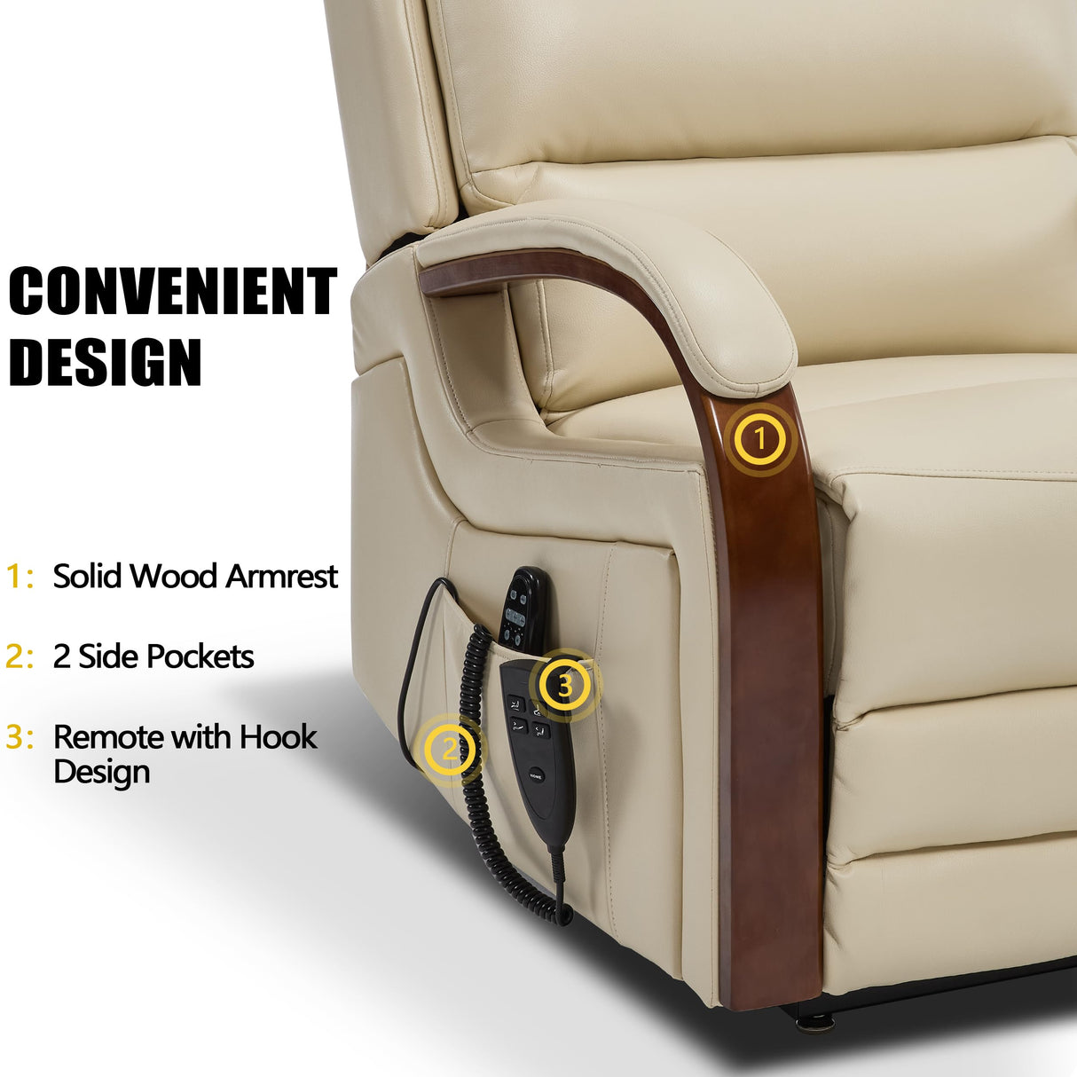 EZZUP Power Lift Recliner Chair for Elderly People, Dual Motor Lift Chair with Vibration Massage and Heat, Lay Flat Recliner with Solid Wood Armrest, Standing Assistance Reclining, Faux Leather Beige EZZUP