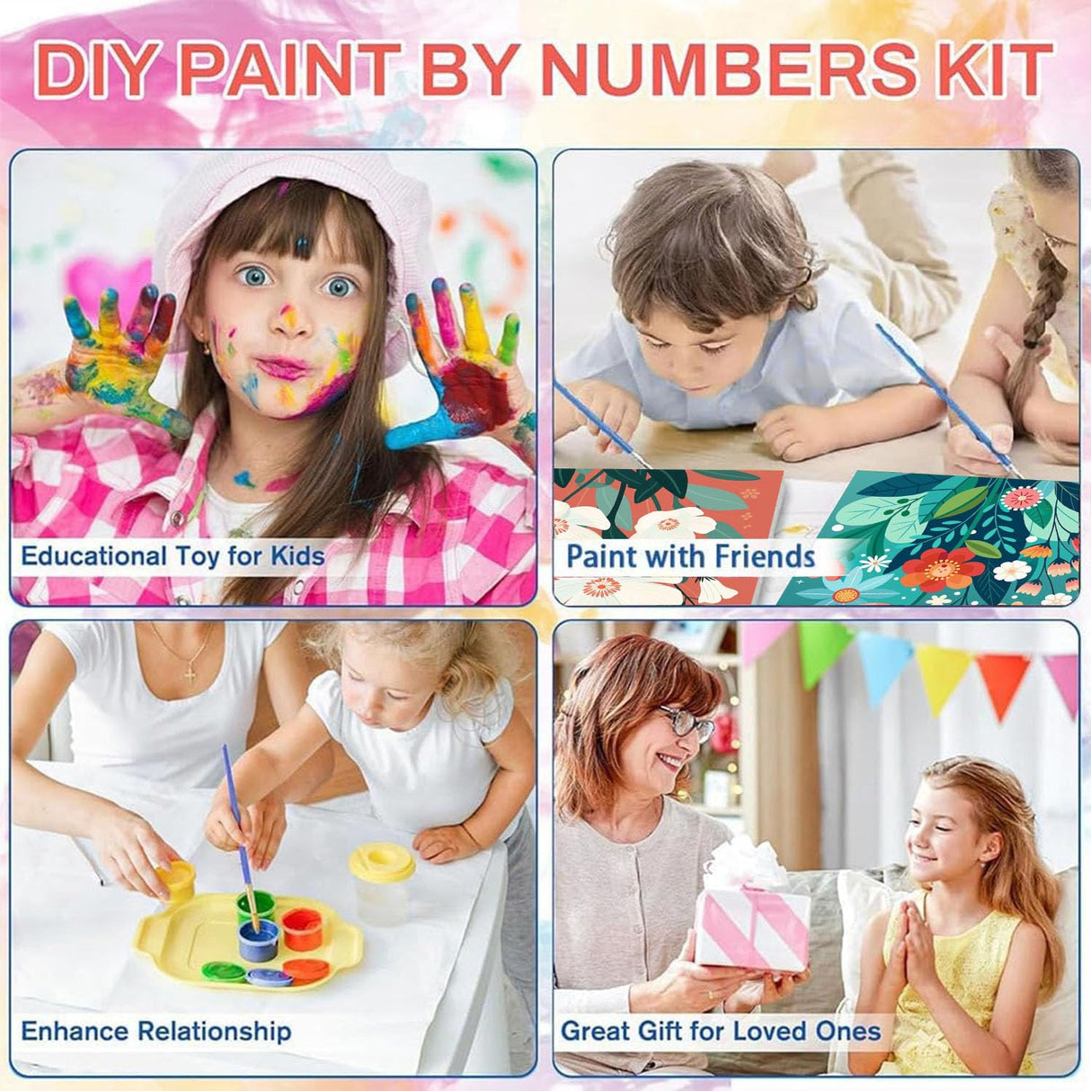 cviokrdu 4 Pack Paint by Numbers Kit for Kids with Frame - Wooden Easel, Flowers Paint by Numbers for Kids Ages 4 8 12, Easy Flower Acrylic Oil Painting Kits for Home Wall Decoration 8x8 inch cviokrdu