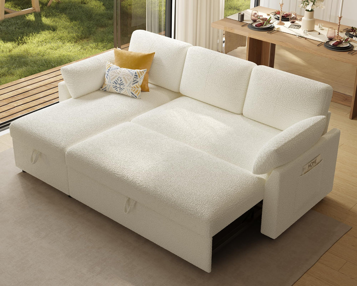 AMERLIFE Sleeper Sofa, 2-in-1 Sofa Bed with Storage Chaise, Pull Out Sofa Couch for Living Room, Guest Room, Boucle White AMERLIFE