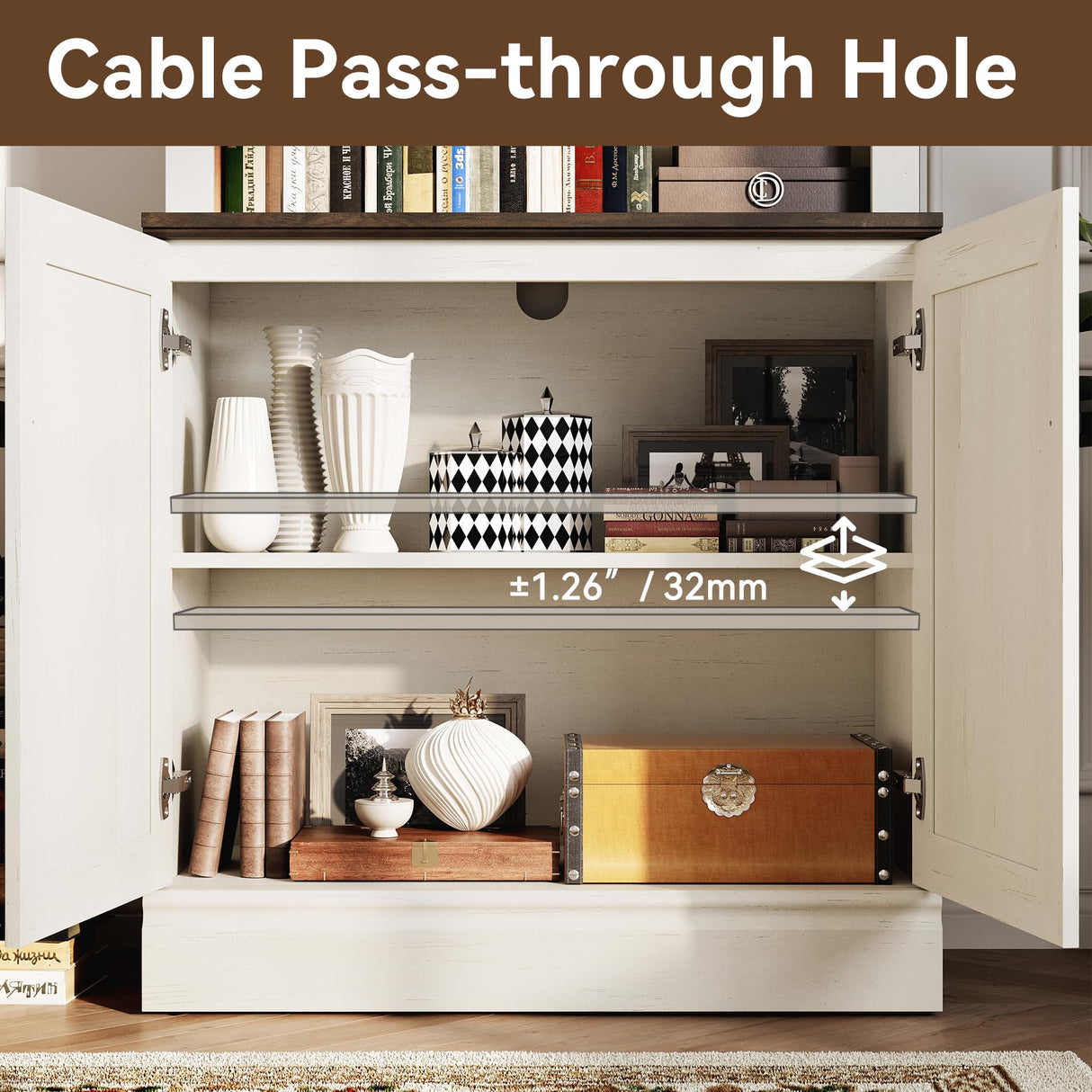 FENSULN 72 in Tall Bookshelf 5 Tier Bookcase with Adjustable Shelves, Antique White Book Shelf with Storage Cabinet, Wood Freestanding Display Bookshelves for Home Office,Bedroom, Living Room FENSULN