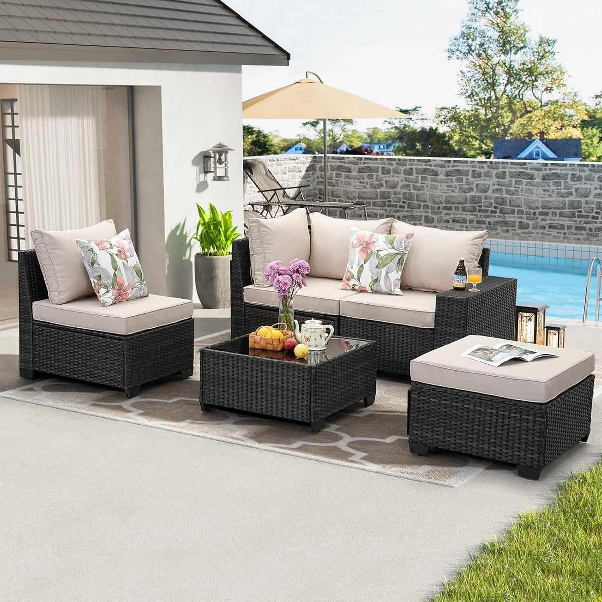 Jing's Villa 5-Piece Patio Furniture Set, All-Weather Outdoor Wicker Sectional Sofa with Cushions, Tempered Glass Table & Ottoman, Rattan Conversation Seating for Porch, Garden, Backyard,Beige Jing's Villa