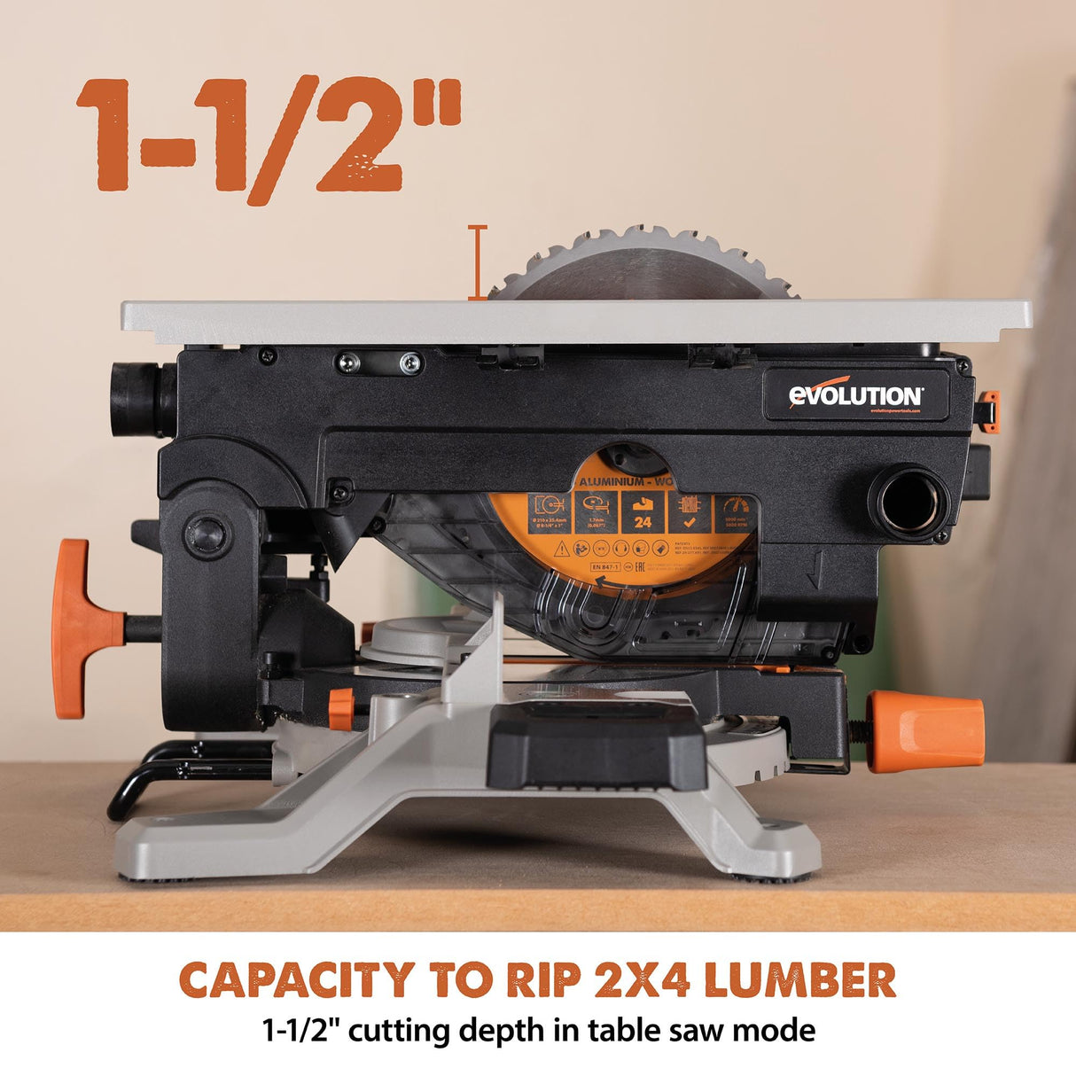 Evolution R8MTS | 8-1/4” Convertible Miter/Table Saw | Multi-Function Saw | 0-45° Bevel & +/- 45° Miter | Multi-Material Cutting: Wood, Plastic, Metal | Compact, Powerful 12A Motor | TCT Blade Incl EVOLUTION