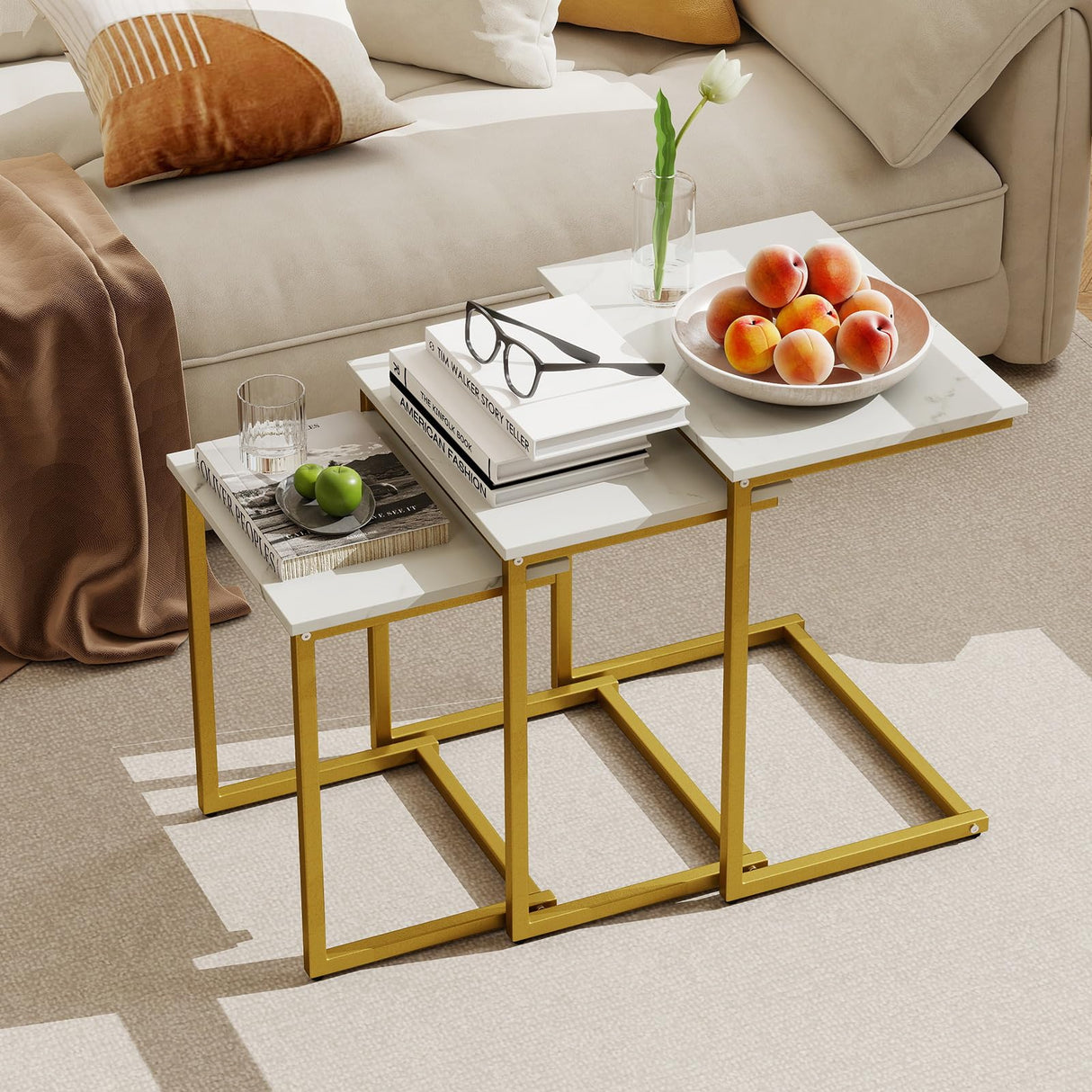 Giantex Nesting Coffee Table Set of 3, Stackable Square End Table w/Faux Marble Tabletop & Heavy-Duty Metal Frame, Farmhouse C-Shaped Accent Table for Small Space, Living Room, Bedroom (White Gold) Giantex