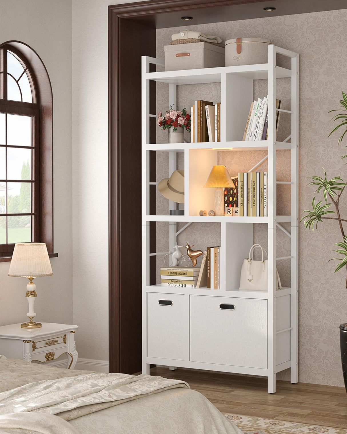 Armocity Bookshelf with Drawers - 5 Tier Tall Bookcase Geometric Modern Book Shelf Display Standing Bookshelves with Storage for Living Room, Bedroom Home Office, White Armocity