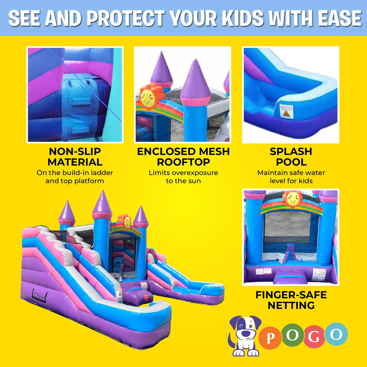 Inflatable Bounce House and Double Slide Combo (Without Blower) - 16' Long x 15' Wide Crossover Pink and Purple Castle Combo Bouncer, Kids Outdoor Toys and Jumpers Pogo Bounce House