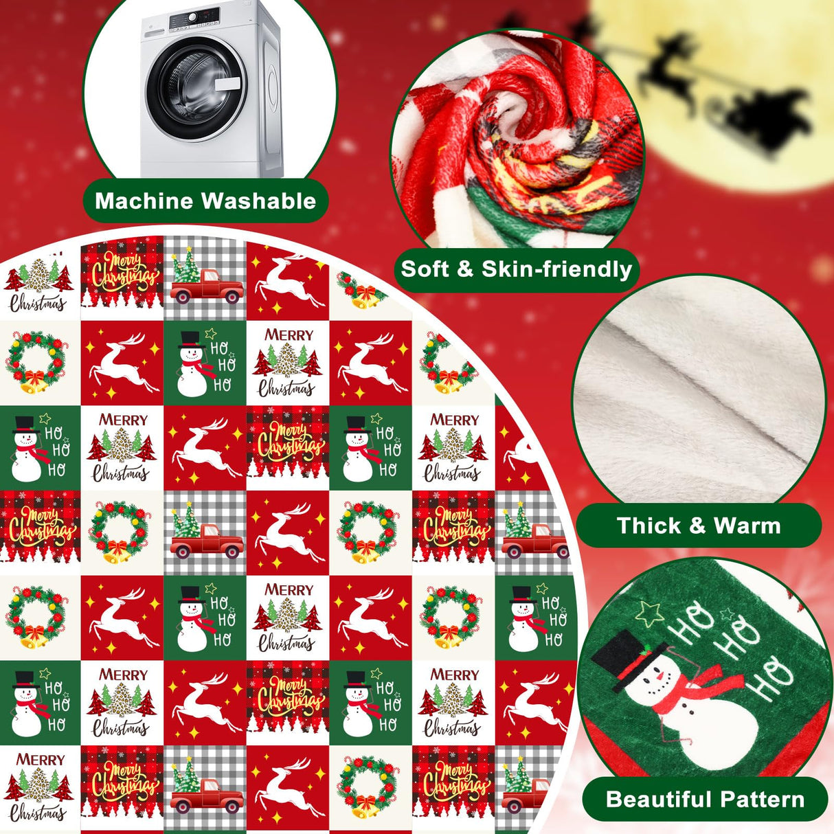 Jansun Christmas Throw Blanket, Snowman Tree Christmas Plaid Throw Blanket for Women Men Soft Couch Living Room Bed Blanket for Girls Boys, Red and Green Checkered Blanket for Christmas Jansun