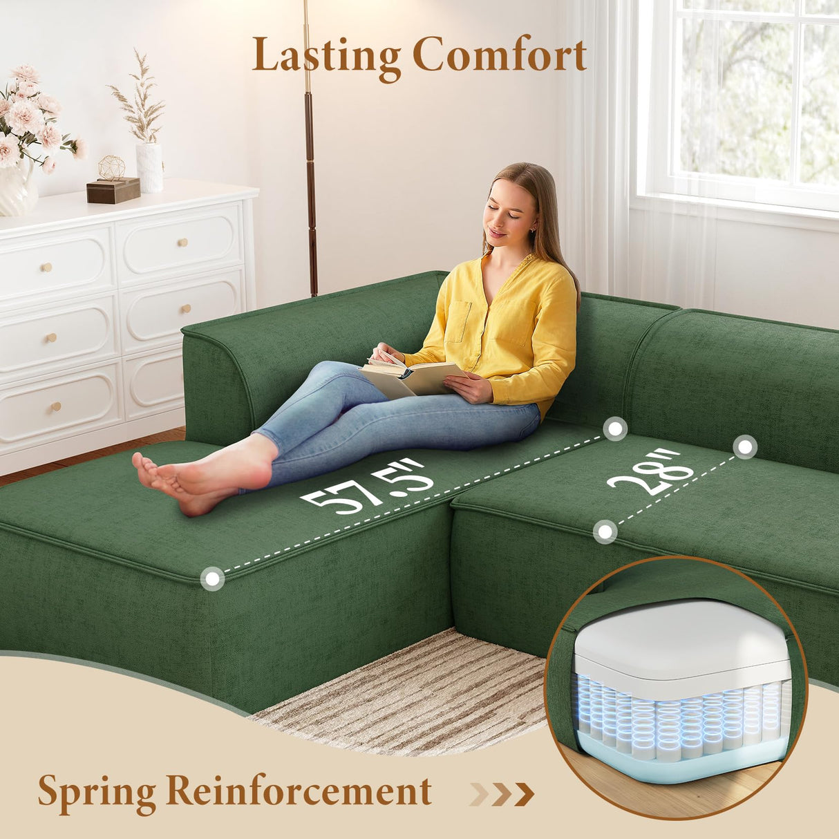 Vesgantti 106" Cloud Couch Sectional Modular Sofa, Deep Seat Comfy Cloud Couch Chenille Memory Foam Sofa Modular Couches for Living Room Bedroom, No Assembly Required (Green, Left-Facing Chaise) Vesgantti