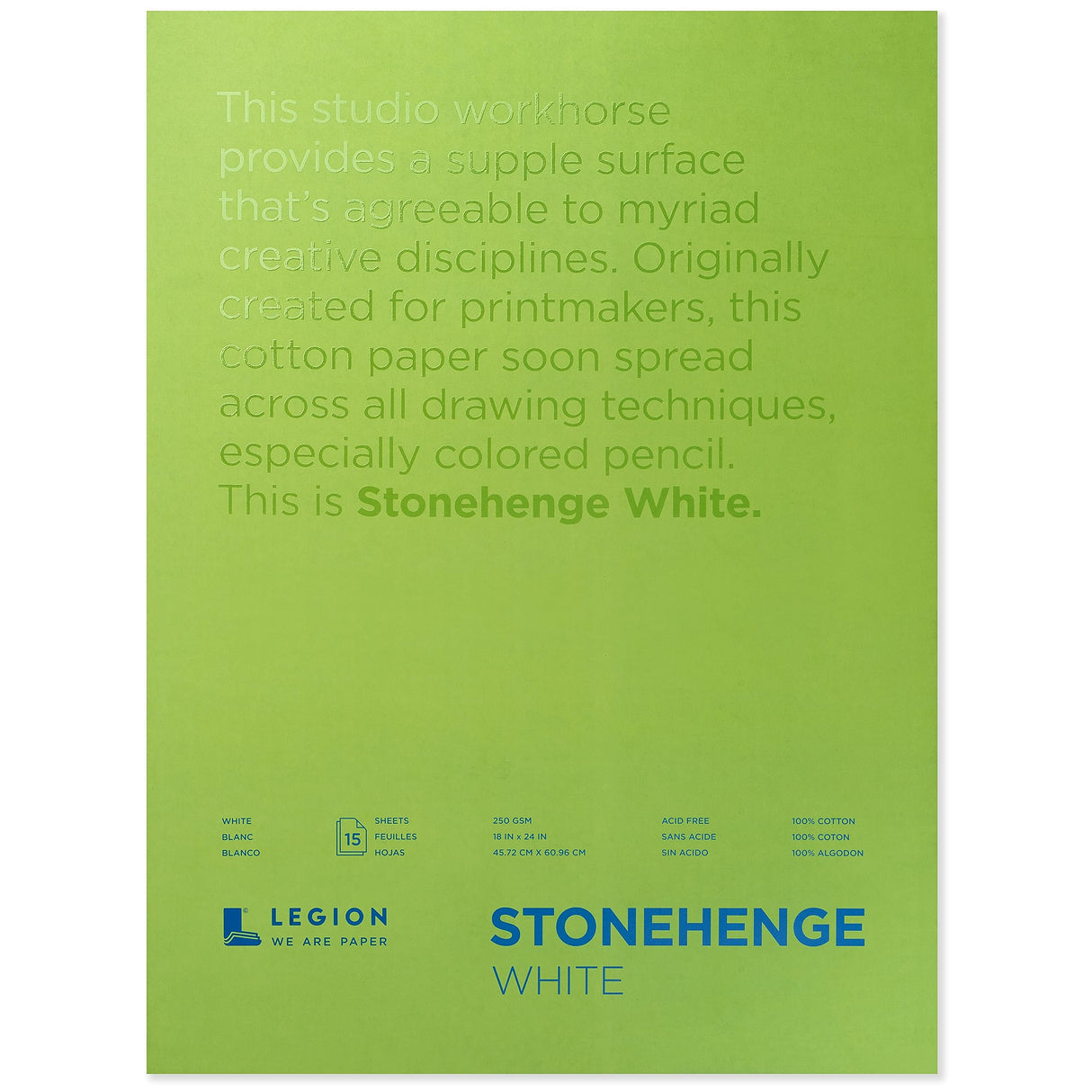 Legion Stonehenge Pad, Cotton Deckle Edge Paper, 18 X 24 inches, White, 15 Sheets Stonehenge