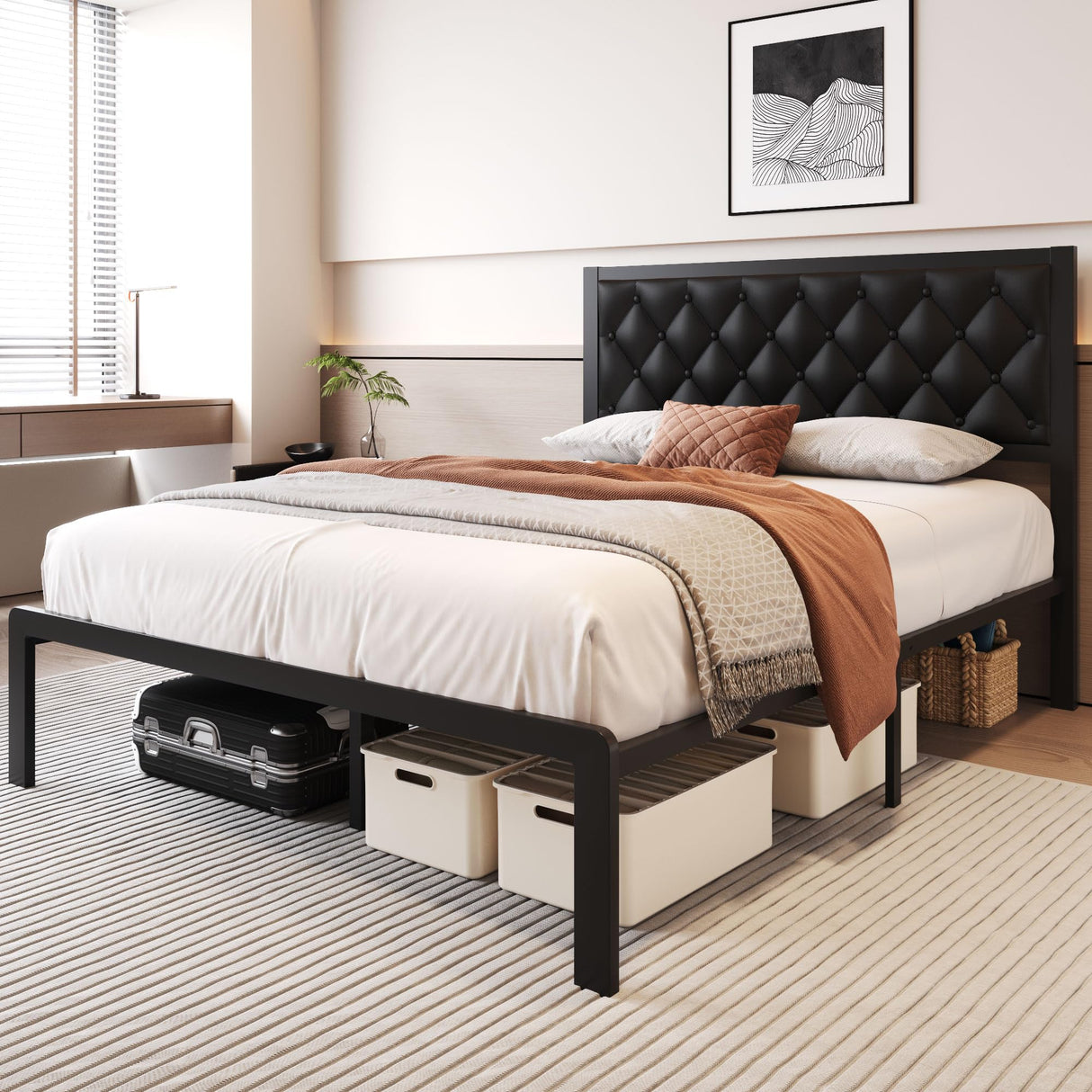 Fluest Queen Bed Frame with Headboard PU Leather Upholstered Bed Frame Platform,All Metal Slats Support Platform Bed Frame with Storage Space,Easy Assembly,Noise Free,No Box Spring Needed,Black Fluest