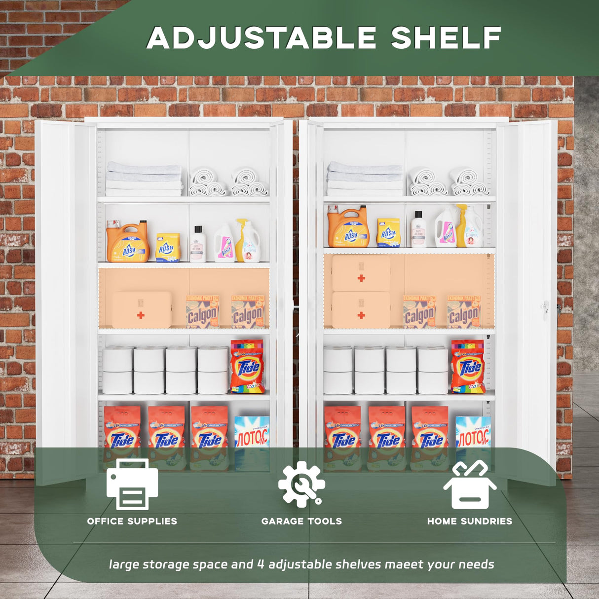 Greenvelly Metal Storage Cabinet, 72" Locking Metal Garage Storage Cabinet with Doors and 4 Adjustable Shelves, White Lockable Steel Cabinet for Home Office, Garage, Shop, School (32" W x 16" D) Greenvelly