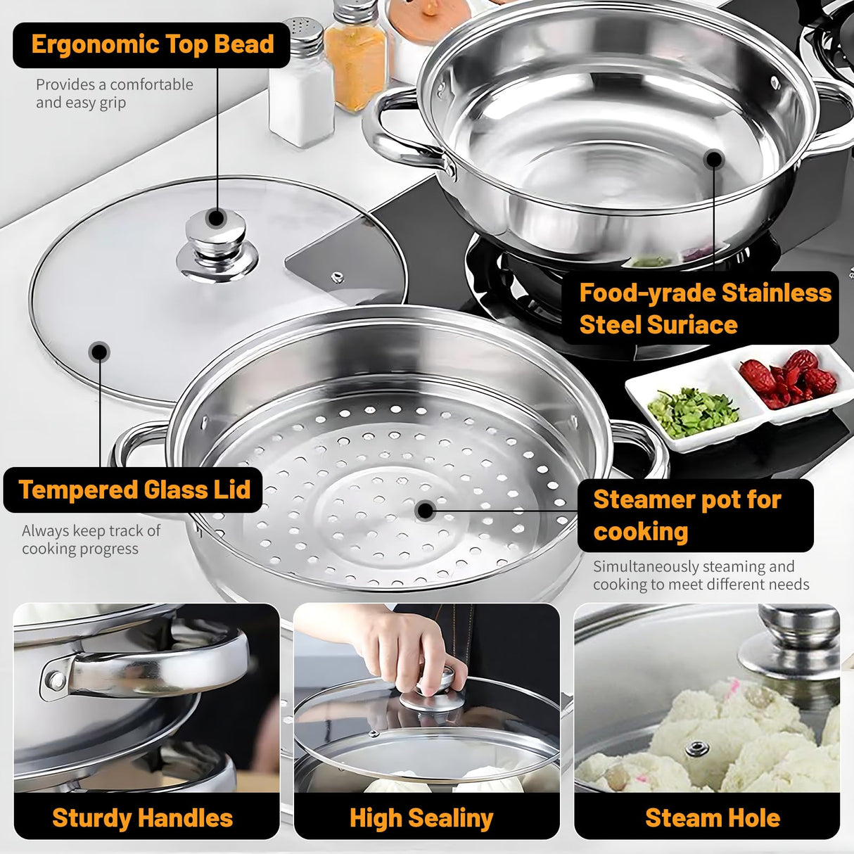 Steamer Pot Stainless Steel 2 Tier - 28cm Steamer Pot w/Glass Lid Food Veg Cooker Pot Cooking Pan Steaming Pot Dim Sum Cookware Steamer For Kitcken Cooking Tool LTWQLing