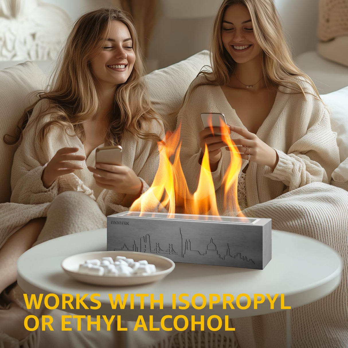 monTEK Tabletop Fire Pit, Concrete Table Top Firepit Indoor Outdoor Decor, Table Top Portable Rubbing Alcohol Fireplace Smores Maker Long Time Burning Smokeless for Patio Balcony with Extinguisher monTEK