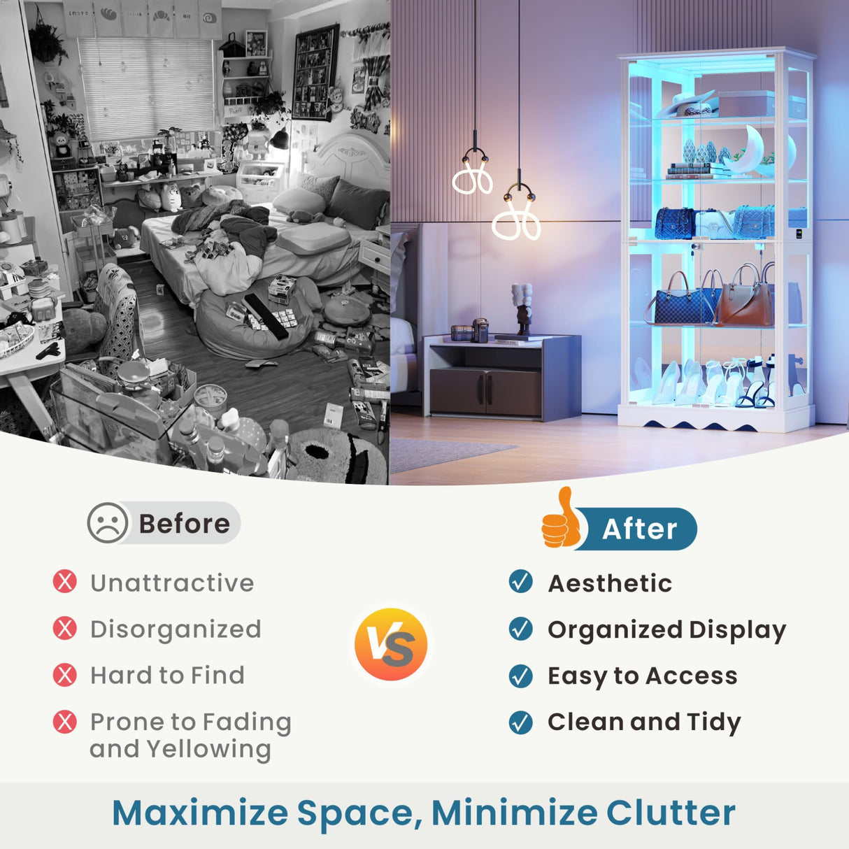 HWB 71" Glass Door Curio Cabinet with RGB LED Lights (White) HWB