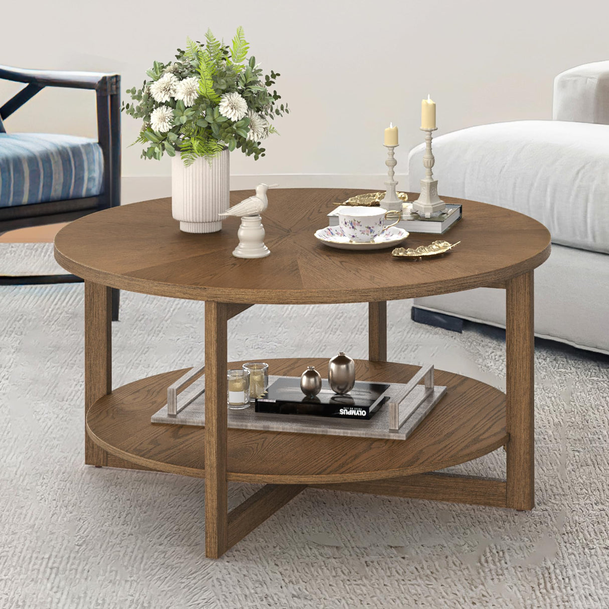 Cozyman Round Coffee Table, 35" Rustic Modern Circle Coffee Tables with 2-Tier Storage Shelf, Sofa Table, Cocktail Table for Living Room, Dark Wood Cozyman