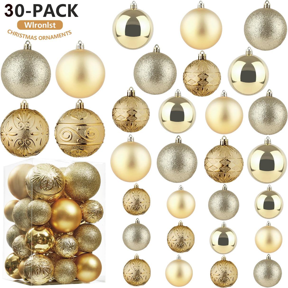 Wironlst Christmas Ball Ornaments - 30pcs Shatterproof Plastic Christmas Ornaments Hanging Ball Decorations for Xmas Tree, Holiday, Wedding, Party (Multi-Size, Gold) Wironlst