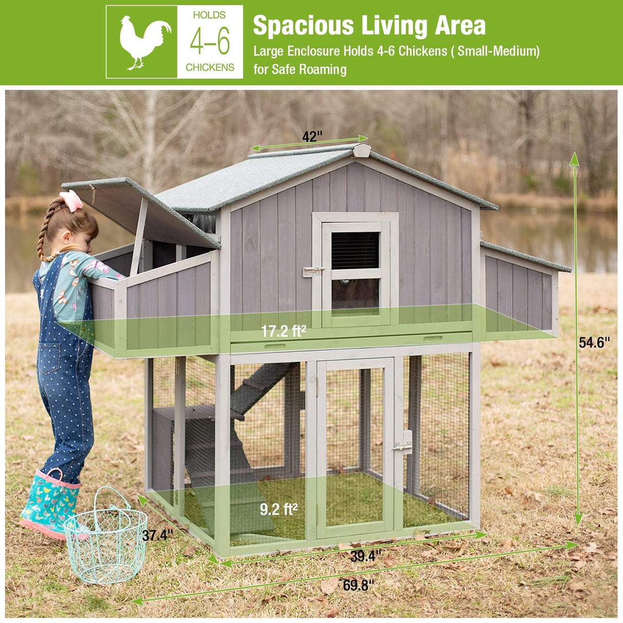 GUTINNEEN Chicken Coop Foldable Hen House with Run and 4 Nesting Boxes Wooden Large Chicken Coop 69.8" L for 4-6 Chickens Pull Out Metal Tray GUTINNEEN