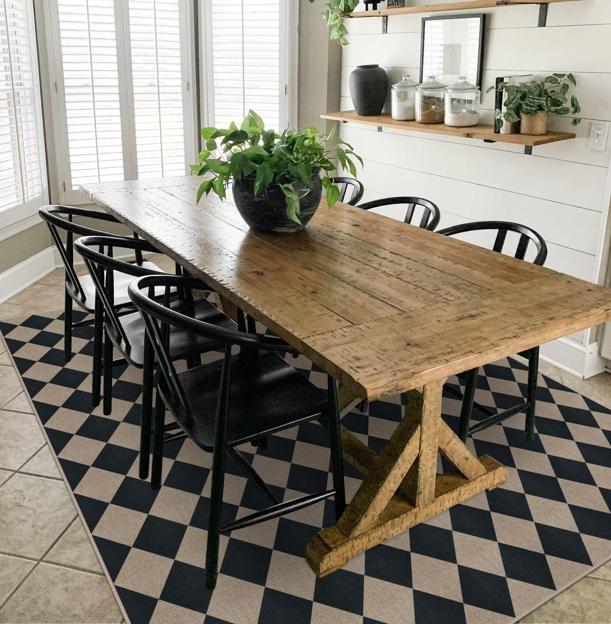 Rugalia Easy Jute Black Checkered 8x10 Area Rug, Washable Modern Outdoor Rug for Patio Non-Slip Diamond Rugs for Living Room, Neutral Farmhouse Floor Carpet for Bedroom Dining Room Classroom Rugalia