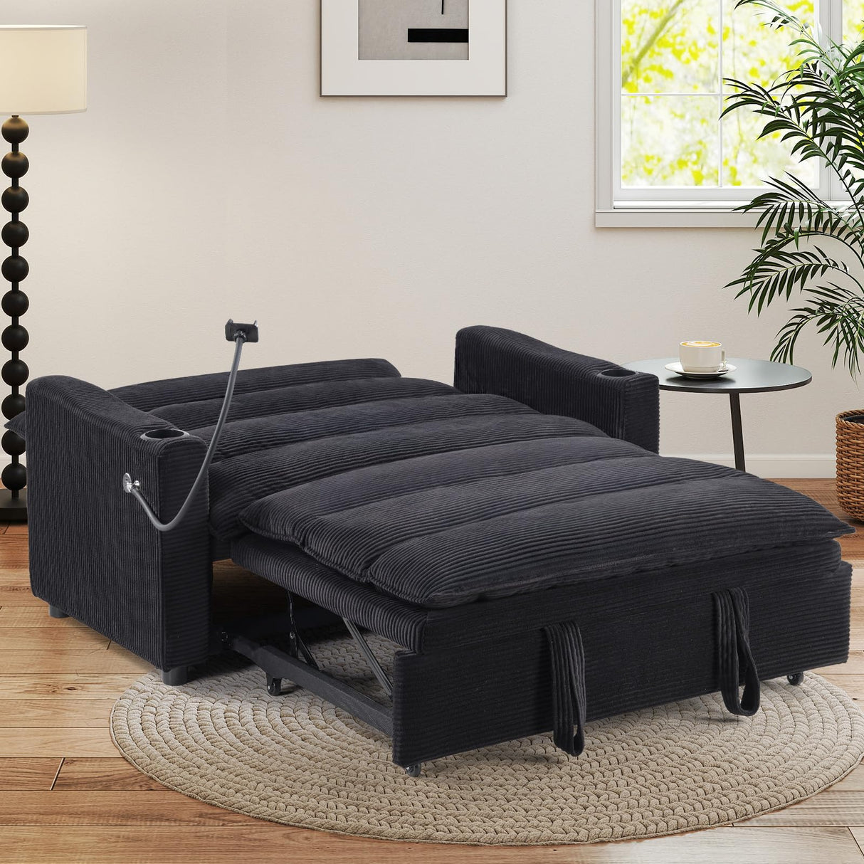 HAOMARKETS 3-in-1 Convertible Loveseat Sleeper Futon Sofa Bed with Cup Holders, 2-Seat Pull Out Couch, Phone Holder and USB Port, Corduroy 3-Level Adjustable Backrest Couches for Living Room, Black HAOMARKETS
