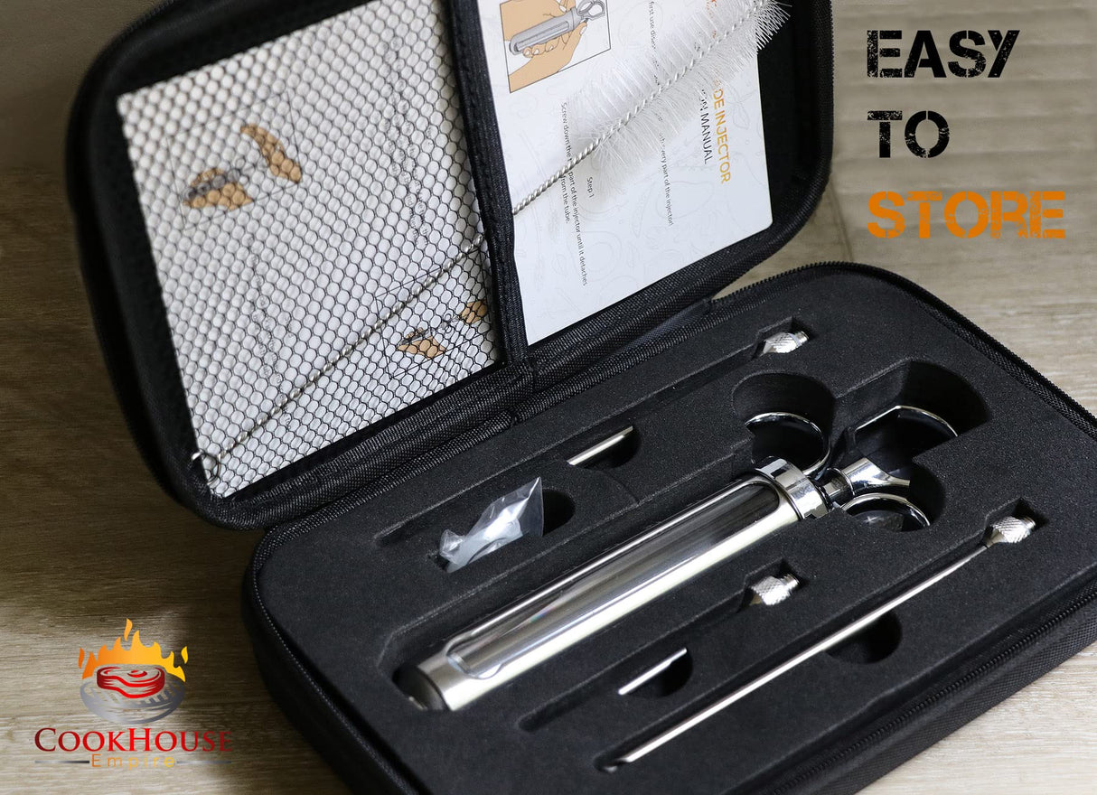 Meat Injectors for Smoking - Stainless Steel Marinade Injector Kit with Case and Window for BBQ, Grilling - 3 Syringe Needles for Injection of Flavor, Sauce - Food Injector for Turkey, Beef, Brisket CookHouse Empire
