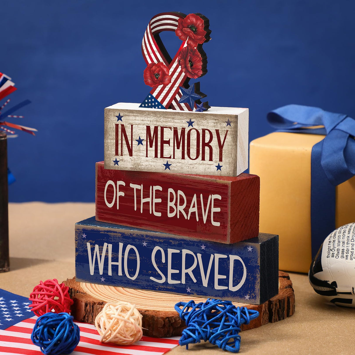 CroBlissful 4 Pcs Memorial Day Decorations Patriotic Tiered Tray Decorations 4th of July Table Sign Farmhouse Red White Blue Rustic Wood Block Stack Sign for Home Shelf Mantel(Ribbon) CroBlissful