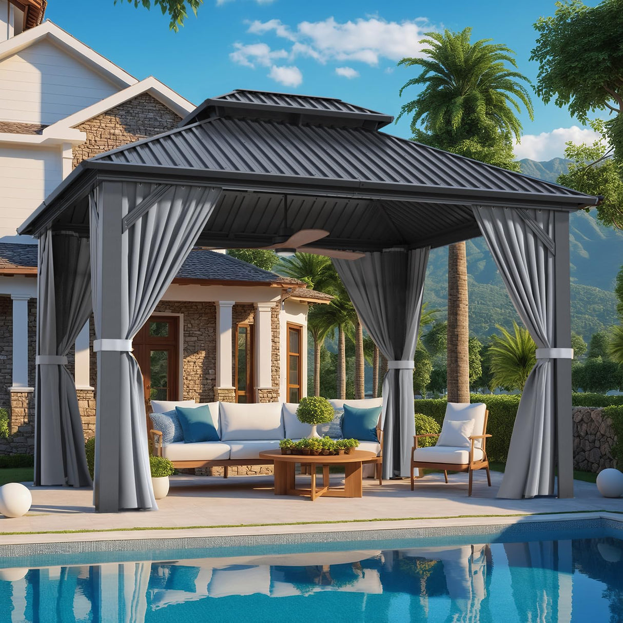 Airwire 10x12 FT Gazebo Hardtop Gazebo Aluminum Pergola with Aluminum Frame, Double Galvanized Steel Roof, Curtains and Netting Included Outdoor Gazebos Canopy for Patio, Backyard, Deck, Lawn,Grey AirWire