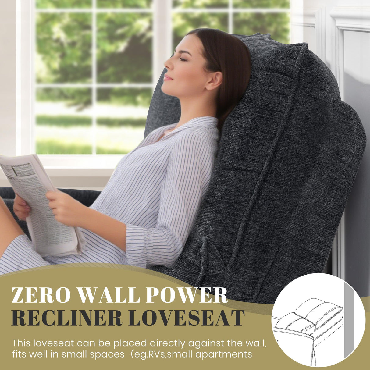 53.5" Zero Wall Hugger Power Reclining Loveseat Sofa with USB & Type-C Ports, Electric Recliner Loveseat with Lumbar Pillows, Small Space Wall Hugger Reclining Couch for Living Room & RV (Dark Grey) LURVIA