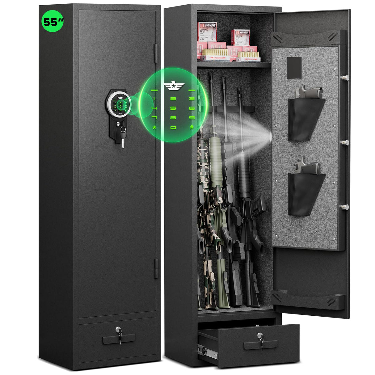 kavey 4-6 Gun Safe, Gun Safes for Home Rifles and Pistols, Rifle Safe, Quick Access Gun Cabinet for Rifles and Shotguns with Backlit Backlit Keypad, Gun Safes & Cabinets with Drawer and 3 Gun Racks kavey