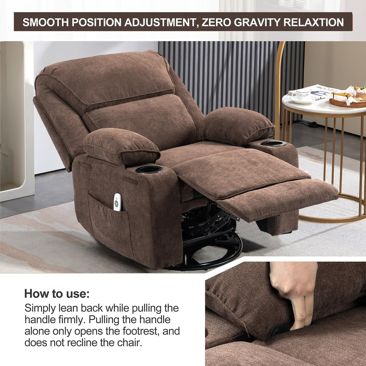 BRTHORY Rocker Recliner Chair with Massage and Heated, 360°Swivel Rocking Manual Recliner Chairs with Cup Holders Remote Control for Living Room (Brown) BRTHORY