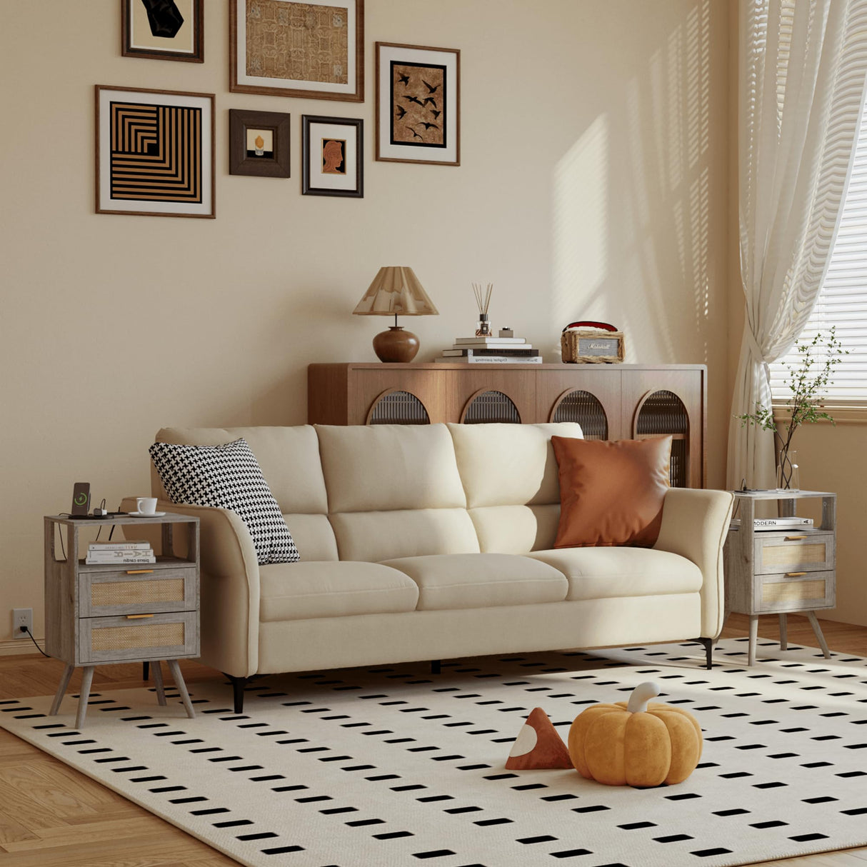 JOONEE Rattan Nightstand with Charging Station,Farmhouse Bedside Table with 2 Storage Drawer and Open Wood Shelf, for Bedroom and Small Spaces,Night Stand with Solid Wood Legs (Grey Oak-Outlet) JOONEE