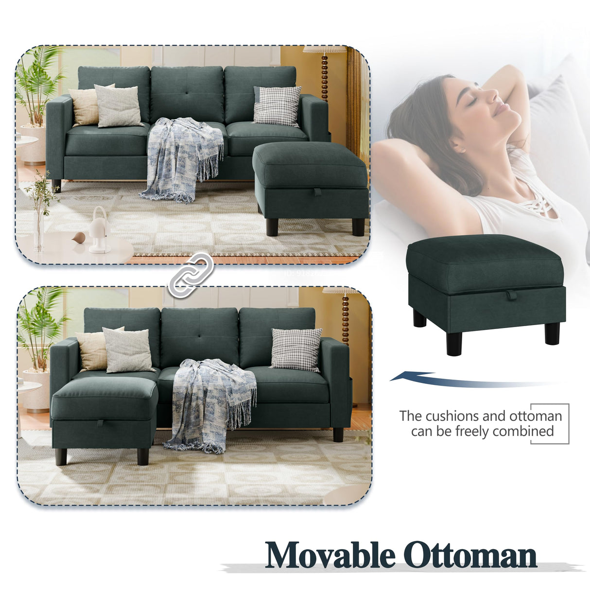 SUNLEI Convertible Sectional Couches for Living Room, L Shaped Couch with Movable Ottoman Storage, 3 Seat Small Couches for Living Room in Apartment, Linen Fabric, Dark Grey SUNLEI