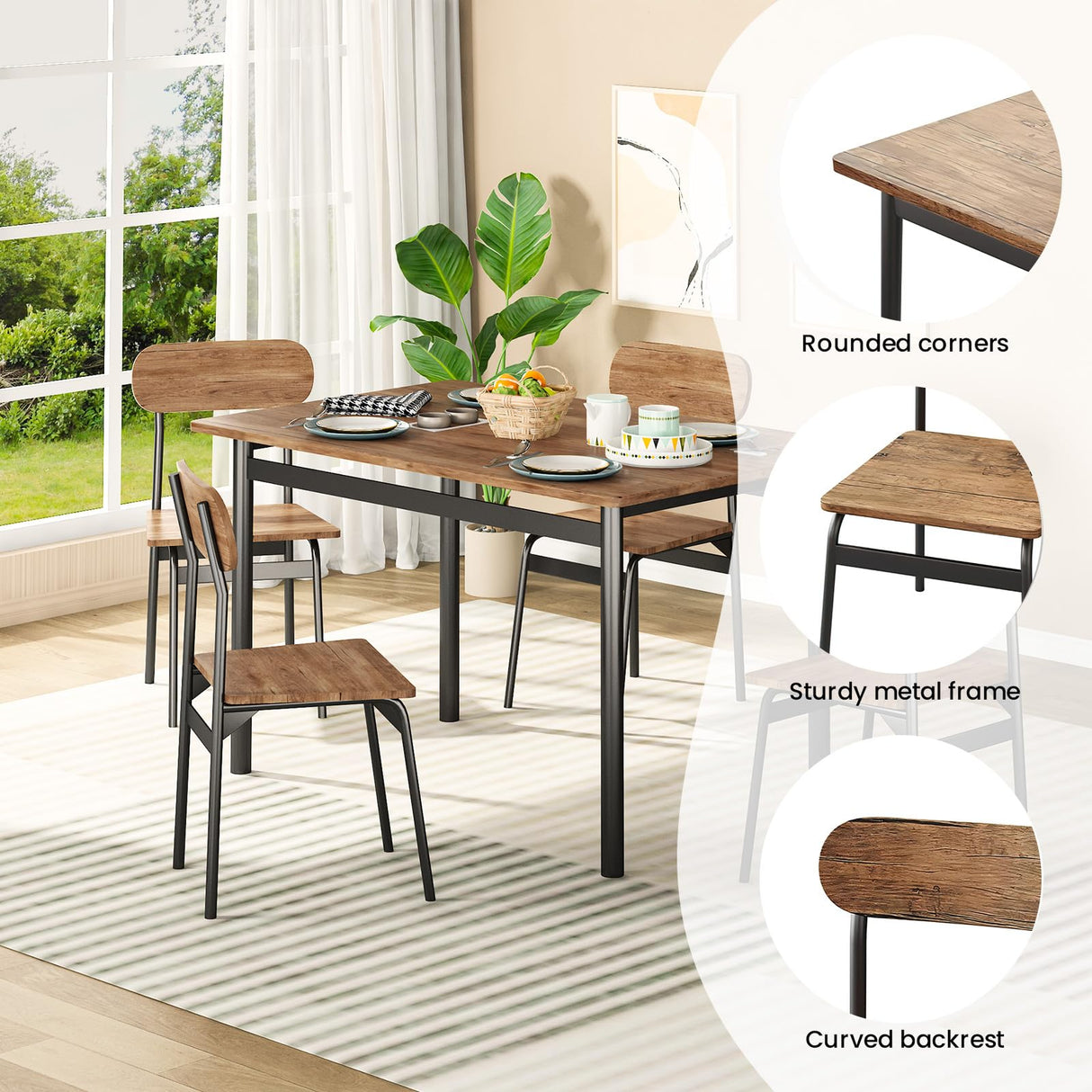 furlinkhm Kitchen Dining Table Set for 4, Modern Rectangular 5 Piece Dining Room Table and Chairs Set, Brown Wooden Metal Table Set for Family Dinner, Party, Afternoon Tea and Work (Oval) furlinkhm