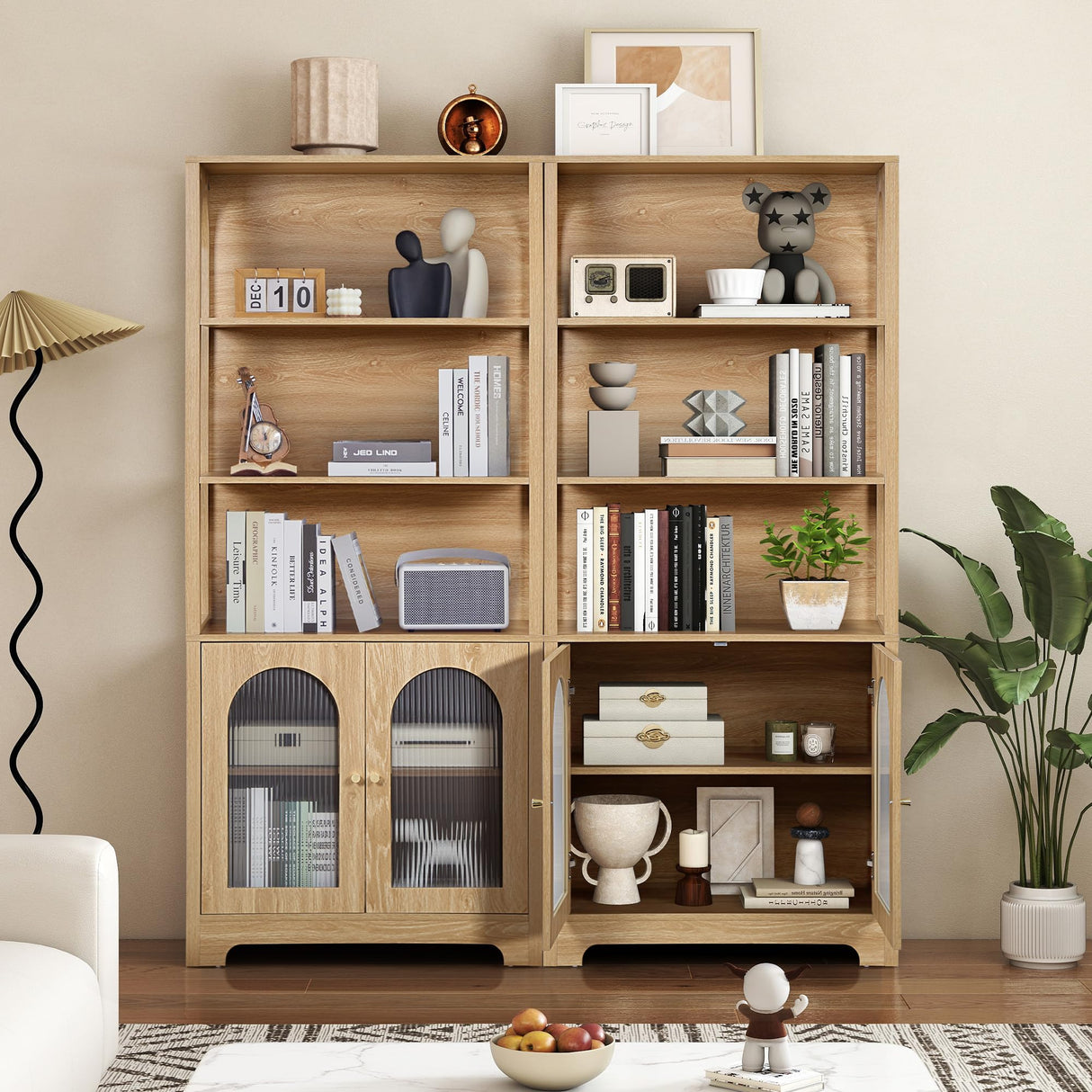 RARZOE Set of 2 Bookshelves and Bookcases, 5-Tier Arched Bookshelf with Glass Doors, Floor Standing 5 Shelf Book case, Wood Display Cabinet Storage Organizer for Living Room, Bedroom, Office(Natural) RARZOE