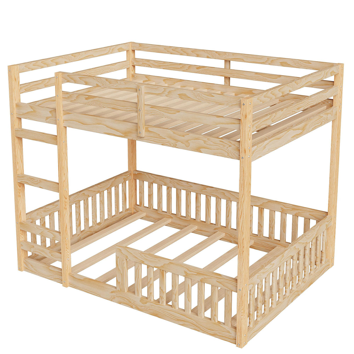 Bellemave Bunk Bed Full Over Full with Rail and guardrail, Full Bunk Bed for Kids, Girls, Boys, Floor Bunk beds with Fence, Solid Pine Wood, Natural Bellemave