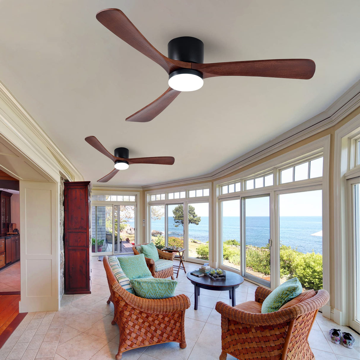 HUMHOLD 52" Wood Ceiling Fan with Lights Remote, Reversible DC Motor 6-Speed Ceiling Fan, 3 Blades Low Profile Flush Mount Ceiling Fans, Modern Ceilingfans for Low Profile, Walnut and Matte Black HUMHOLD