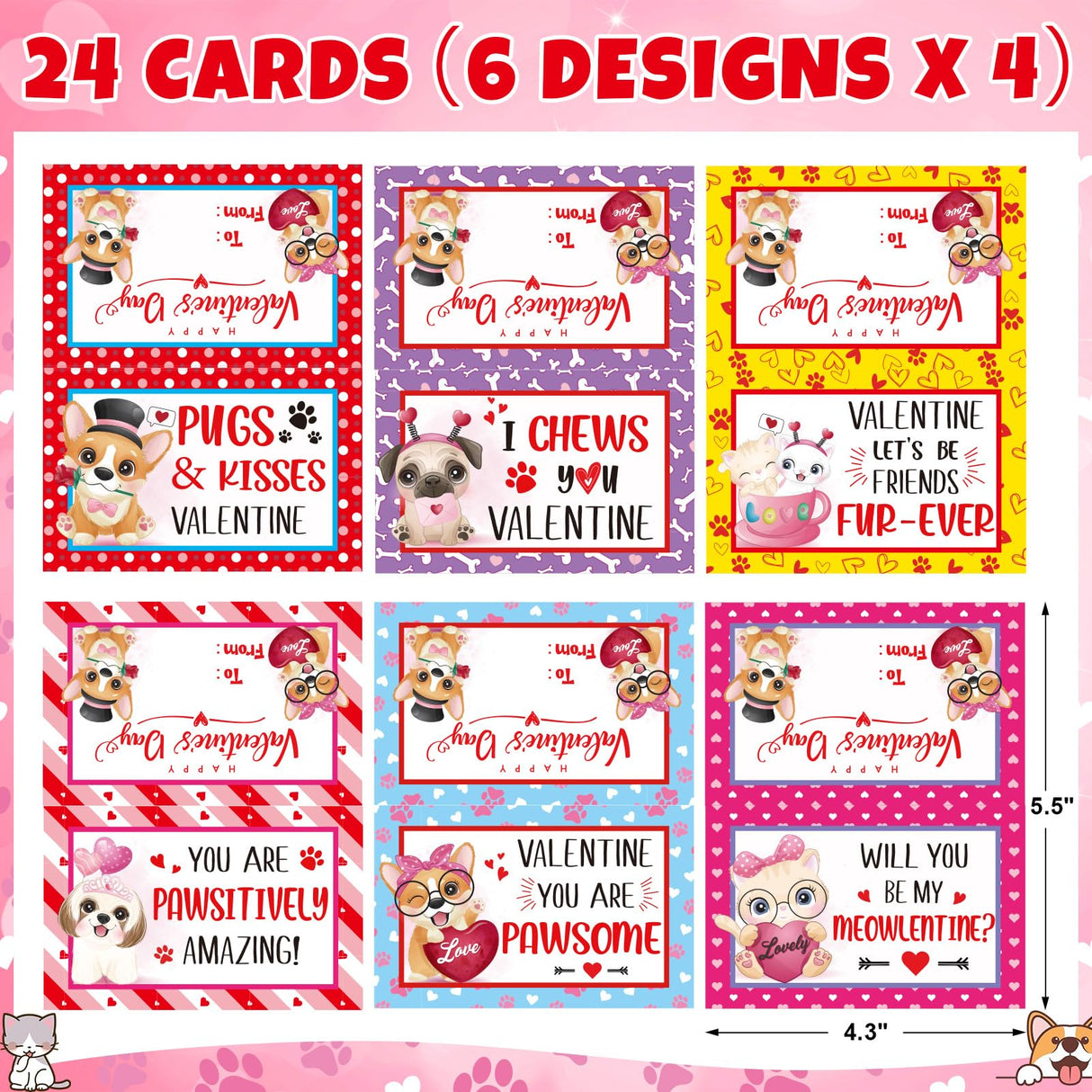Asoulin Valentine Day Gifts for Kids, 24 Packs Valentine Day Cards for Kids School with Cat & Dog Jigsaw Puzzles Toys Birthday Gifts for Kids Toddler Boys Girls Goodies Bags Classroom Gifts Exchange Asoulin