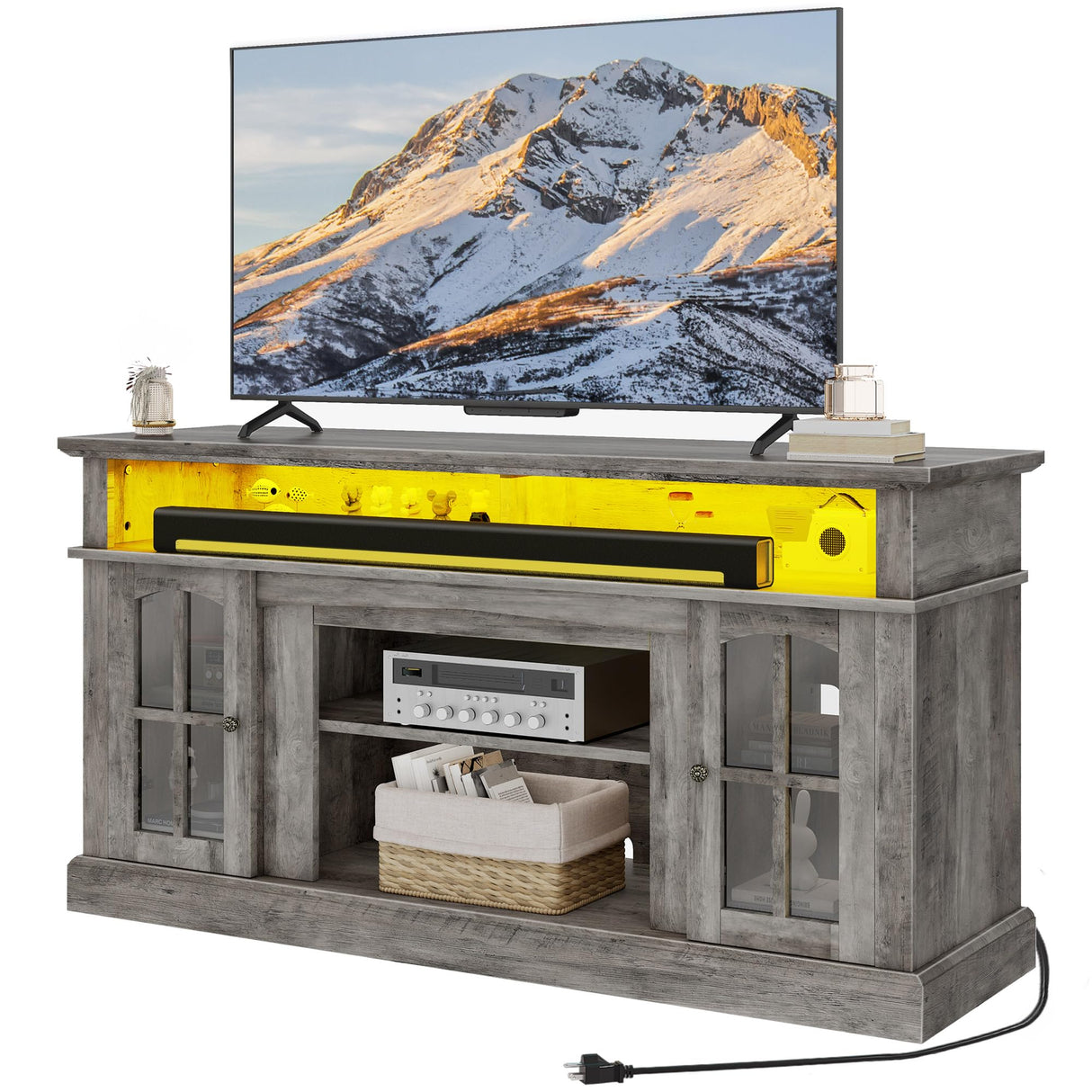 DWVO Farmhouse Television Stand for 75 Inch TV w/Outlets, LED Modern Entertainment Center with Glass Doors and Adjustable Storage Shelves, Media Console TV Cabinet for Living Room, Grey DWVO