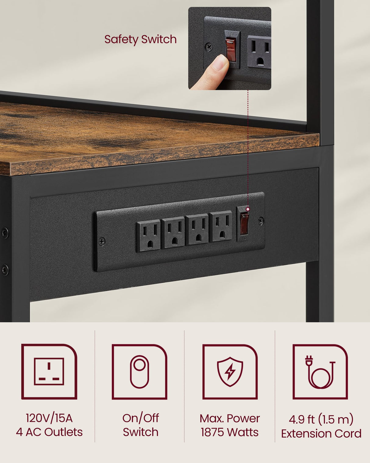 VASAGLE Bakers Rack with Power Outlet, 35.4 Inches Microwave Stand, Coffee Bar, 4 AC Outlets, with Adjustable Shelves, 8 S-Hooks, Basket, Spice Racks, Rustic Brown and Ink Black UKKS031K01 VASAGLE