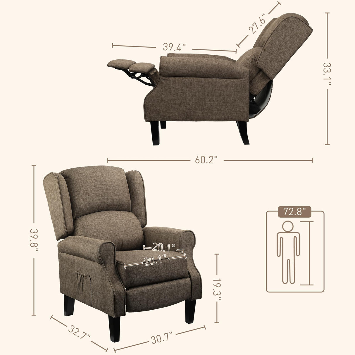 HOMCOM Vibration Massage Recliner Chair for Living Room with Heat, Wingback Single Sofa, Modern Linen Fabric Push Back Reclining Chair with Footrest, Side Pocket, Brown HOMCOM