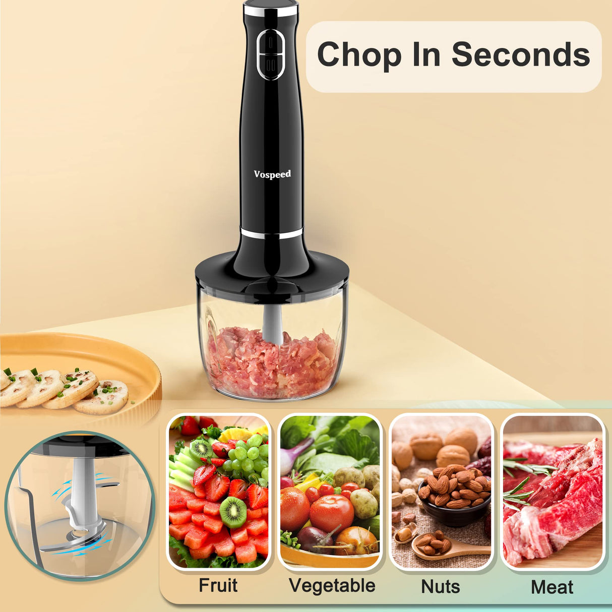 Immersion Blender, Vospeed 1000 Watt 4-in-1 Hand Blender with Chopper, Whisk, 600ml Mixing Beaker, Electric Stick Blender with Two Speed Adjustable, Ergonomic handle, Detachable Vospeed