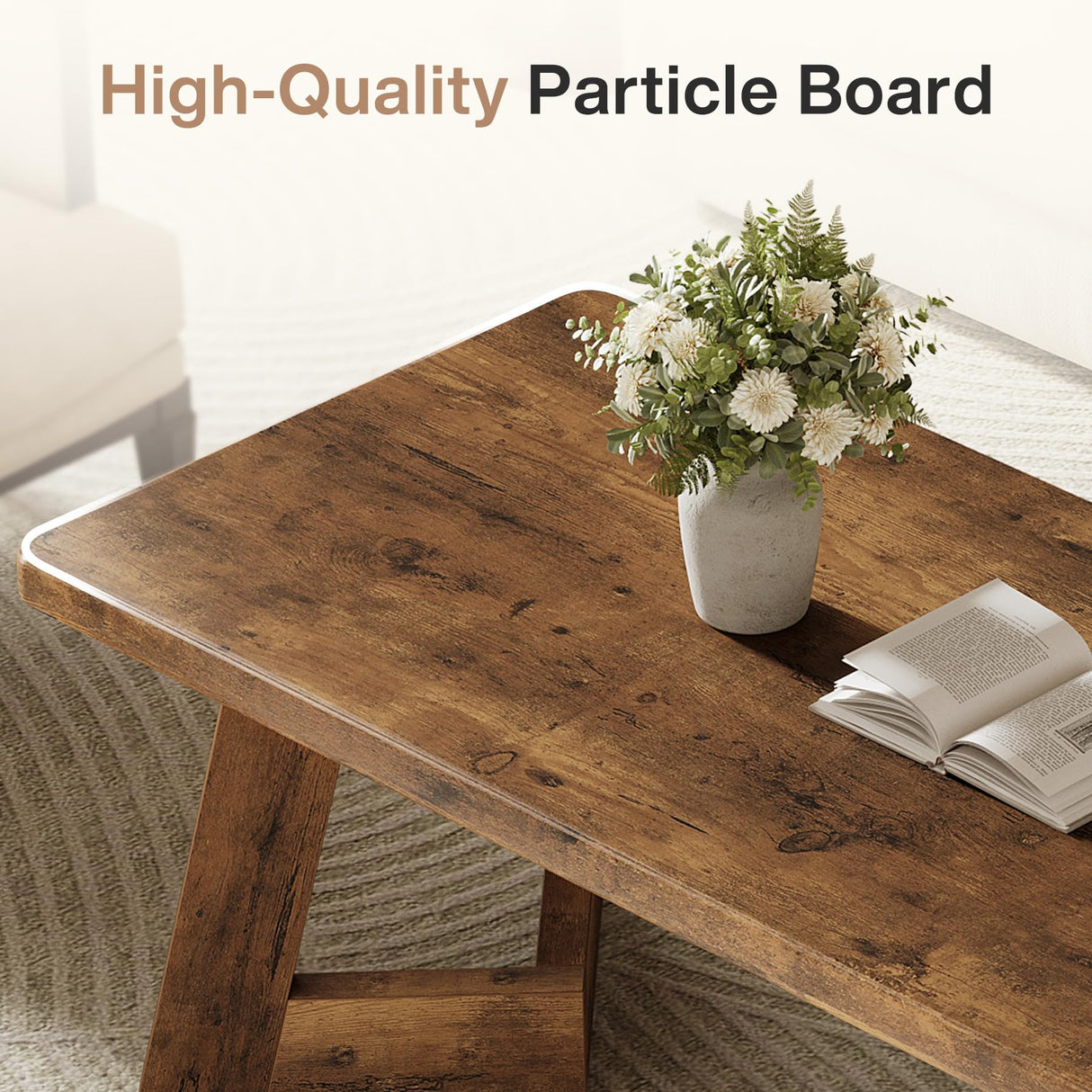 Tribesigns Coffee Table, Farmhouse Center Table with V-Shaped Legs, 47.2 x 23.6 Inches Rectangle Living Room Tables, Easy to Assemble, Rustic Brown Tribesigns