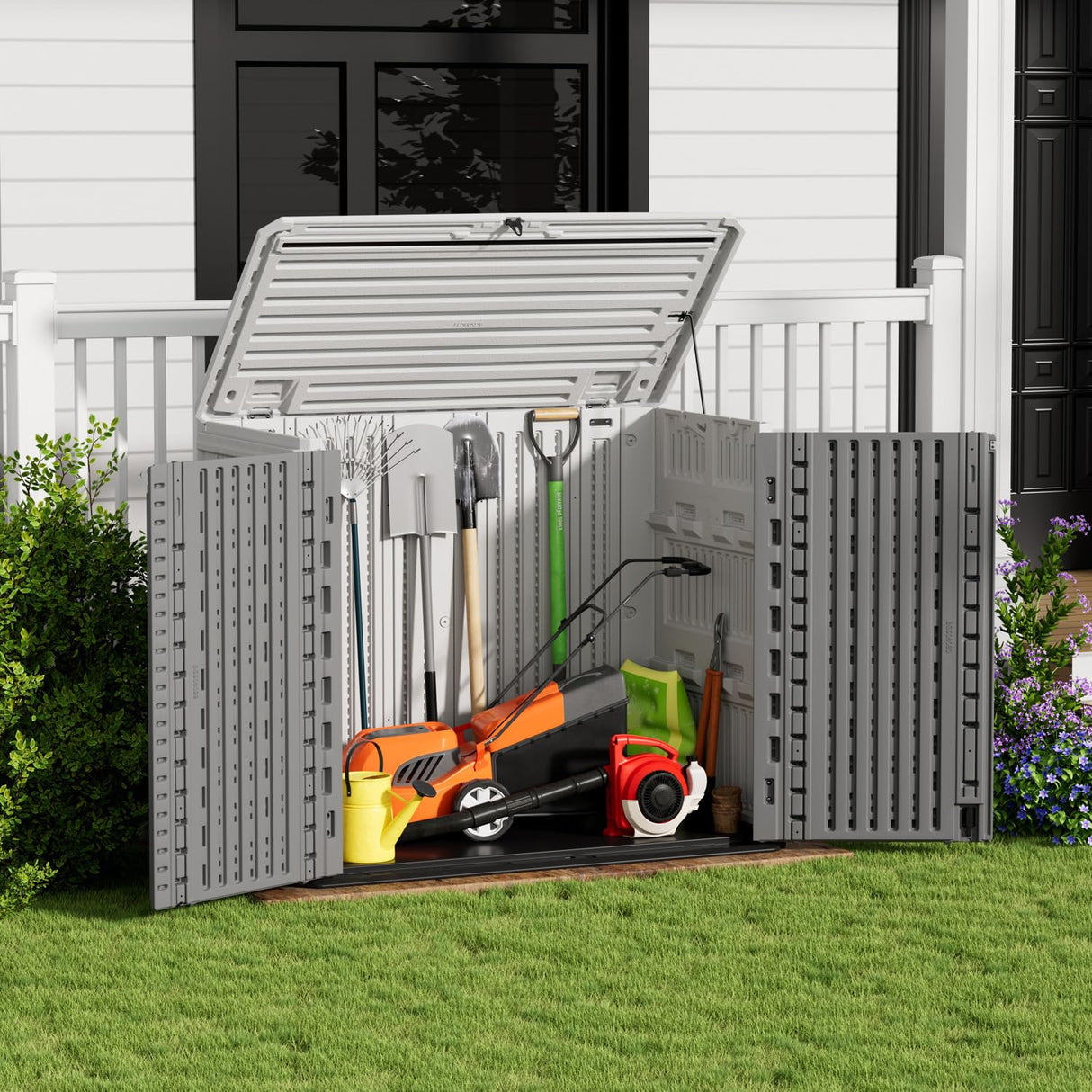 ZZM Outdoor Storage Shed Diamond Texture 4x3FT Horizontal Shed | 34 Cu.Ft Waterproof Resin Cabinet with Double-Wall | UV-Resistant & Lockable for Garden Tools, Bikes, Patio Furniture (Grey-White) ZZM