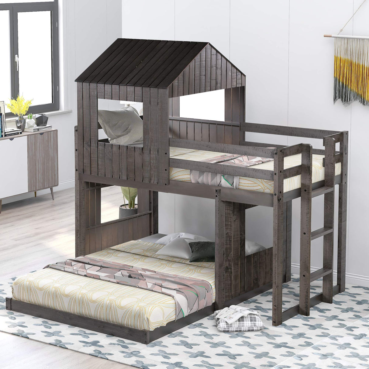 House Bunk Beds Twin over Full with Roof and Window in Distressed Grey by Harper & Bright Designs Harper & Bright Designs