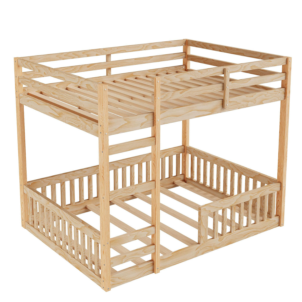 Bellemave Bunk Bed Full Over Full with Rail and guardrail, Full Bunk Bed for Kids, Girls, Boys, Floor Bunk beds with Fence, Solid Pine Wood, Natural Bellemave